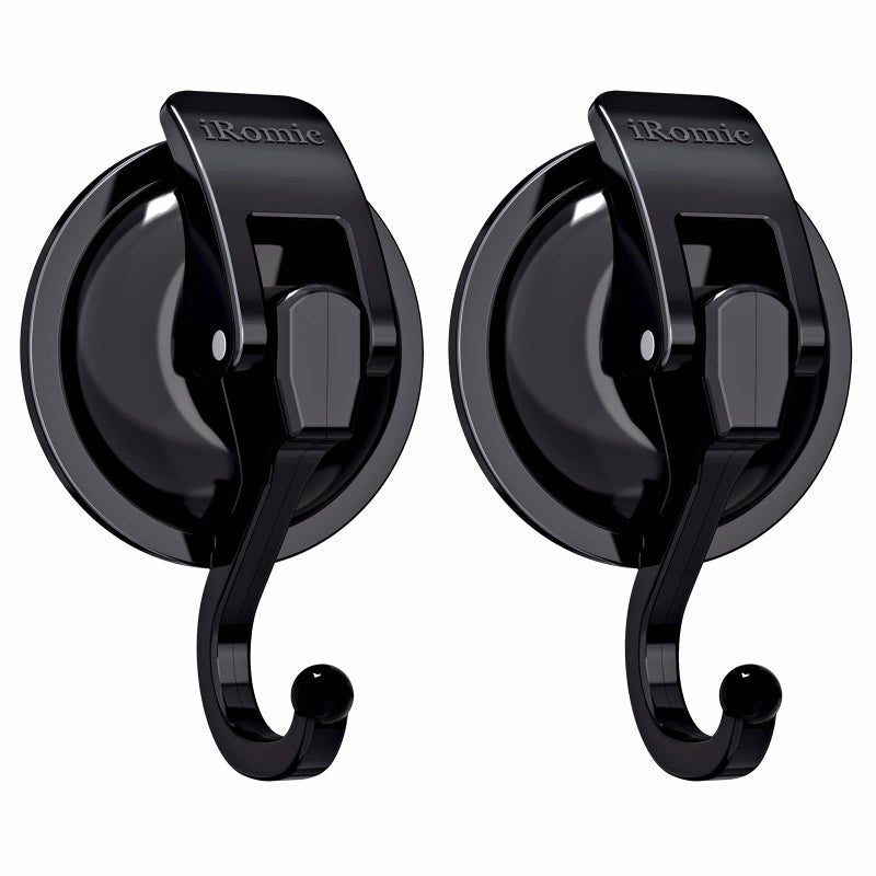 iRomic Heavy Duty Vacuum Suction Cup Hooks (2Pack) for Shower Glass Window Kitchen&Bathroom&Restroom Organization Black. - Image 1